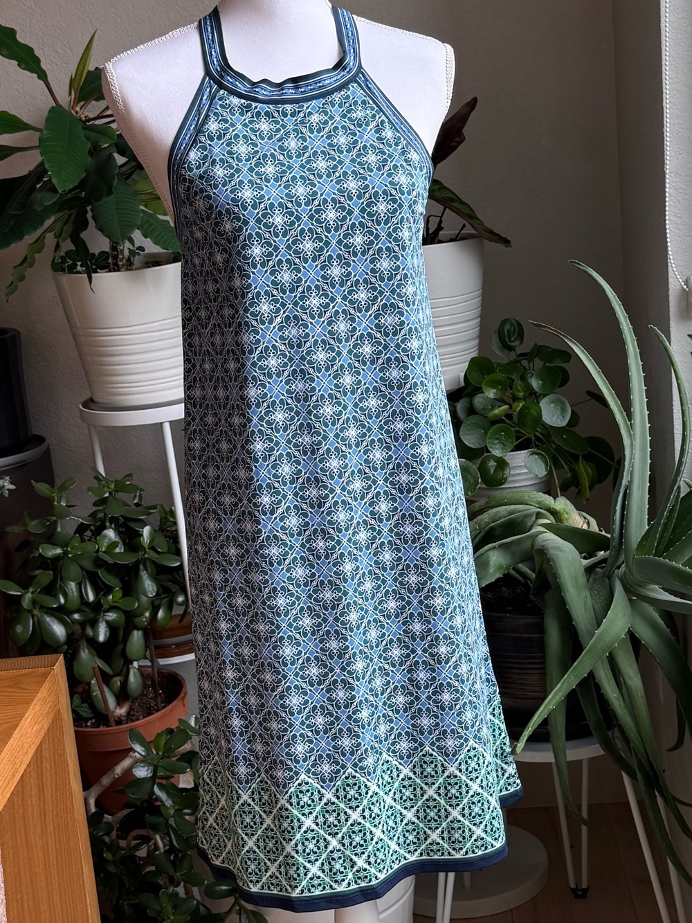 Max Studio Blue and Green Geometric Halter Top